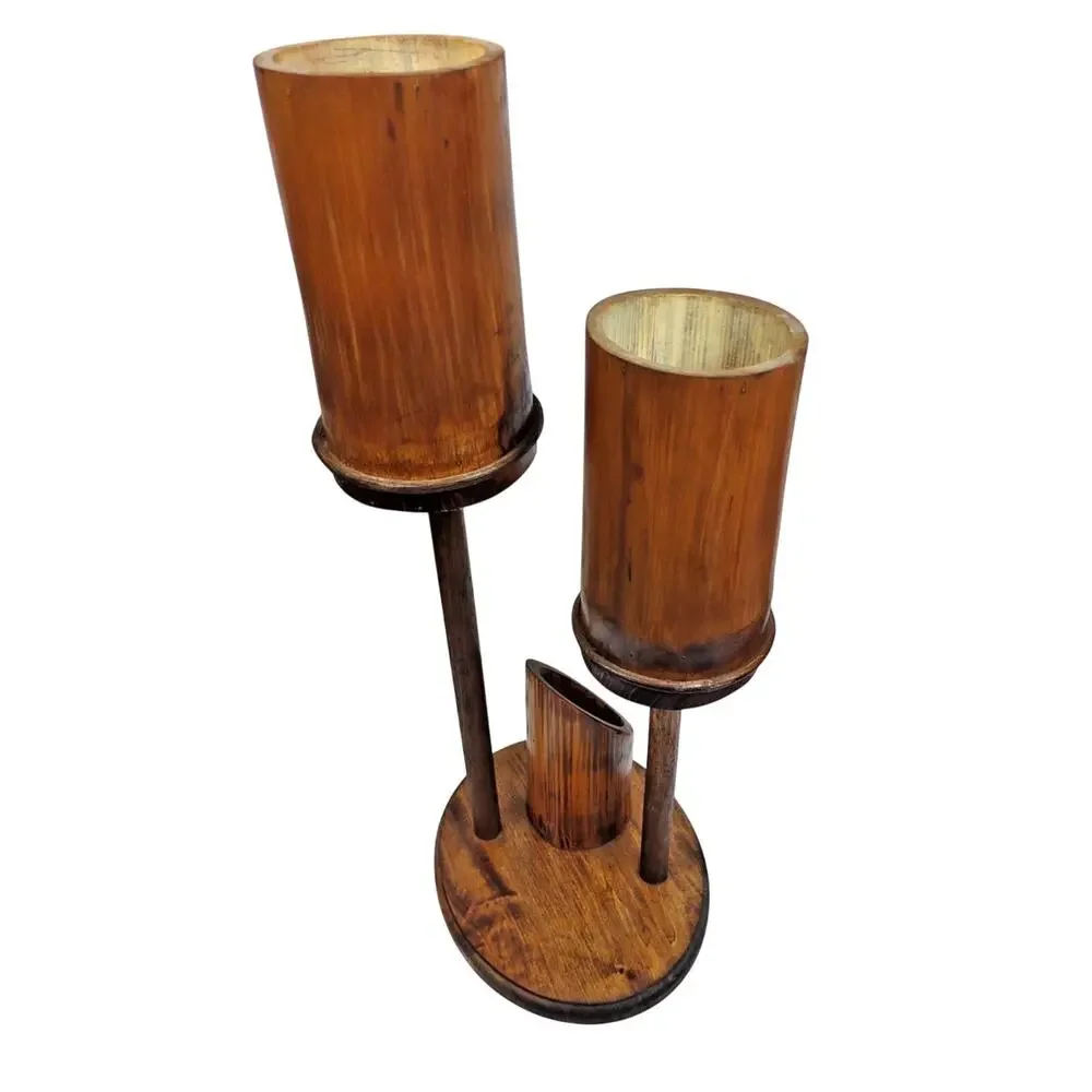 MCM Natural Bamboo Ikebana Teak Triple Candelabra Candle Holder 24